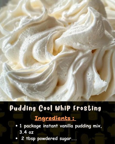 Ingredients: 1 package instant vanilla pudding mix (3.4 oz) 2 tablespoons powdered sugar ½ cup milk... Frosting With Pudding, Pudding Cool Whip Frosting, Cool Whip Pudding Frosting, Whip Frosting, Sweet Dip, Pudding Frosting, Cool Whip Frosting, Whipped Frosting, How To Make Frosting