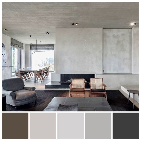 Vincent Van Duysen: C Penthouse, Antwerp (2016). Belgian architect and designer, Van Duysen (b1962) colour scheme was inspired by the bluestone along the River Schelde and features concrete plus timber, which contributes a warmth to an essentially monotone colour palette. The effect is functional, calm and appealing. Colour palette illustration by Zena O’Connor; Image credit: Vincent Van Duysen Concrete Colour Palette, Concrete Color Palette, Cement Interior Design, Open Space Living Room And Kitchen, Cement Interior, Palette Illustration, Open Space Living Room, Spa Colors, Concrete Interiors