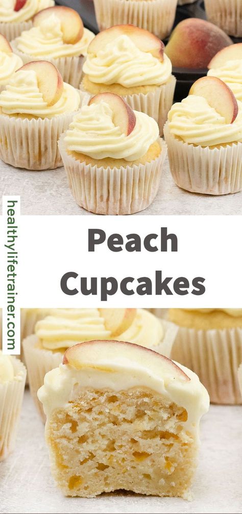 A quick and easy homemade peach cupcakes are just about what you need during a summery afternoon and chilly wintery midday. Peach cupcakes are filled with gooey fresh peach filling and baked with vanilla extract, and buttermilk to mention a few. #peachcupcakes #easycupcakerecipe #cupcakerecipes Peaches And Cream Cupcakes, Cupcake Frosting Tips, Peaches Cream Cheese, Peach Cupcakes, Cinnamon Frosting, Peach Compote, Frosting Tips, Peach Cream, Summer Dessert Recipes