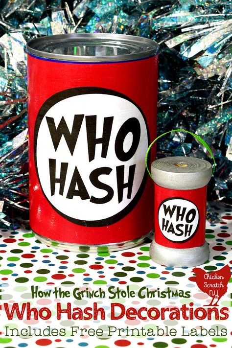 With a little help from the free printable labels and some Mod Podge you can add some Grinch-inspired fun to your tree and home with this easy DIY Who Hash Christmas Ornament and it's life-sized counterpart Who Hash, Whoville Christmas Decorations, Grinch Crafts, Grinch Trees, Grinch Decorations, Grinch Christmas Party, Whoville Christmas, Grinch Christmas Tree, Room 2023