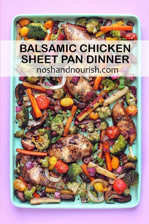 Looking for healthy and easy dinners? This Balsamic Chicken Sheet Pan Dinner is exactly what you need! This recipe uses carrots, mushrooms and tomatoes, but you could also add in potatoes, green beans or Brussels sprouts! Throw on some Italian seasoning and you can meal prep lunch for the week! #sheetpandinners #sheetpanchickenandveggies #easymealprep #noshandnourish Prep Lunch For The Week, Lunch For The Week, Chicken Sheet Pan Dinner, Chicken Sheet Pan, Balsamic Chicken Recipes, Potatoes Green Beans, Sheet Pan Meals Chicken, Pan Chicken Recipes, Sheet Pan Dinners Chicken