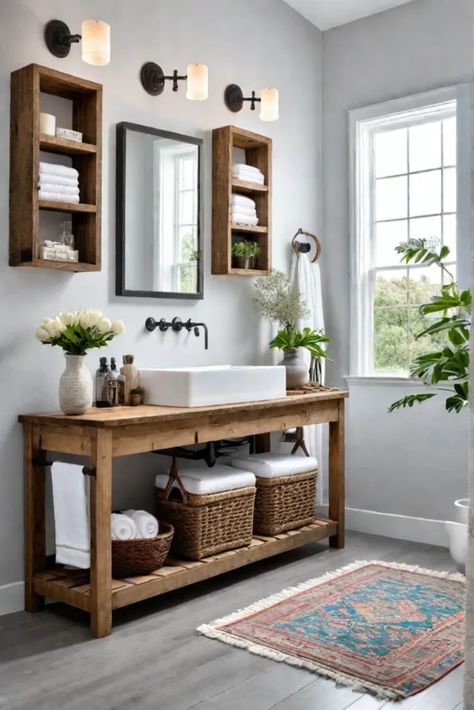 Open shelving for bathroom storage rustic aesthetic Diy Farmhouse Vanity, Diy Driftwood Decor, Open Concept Bathroom, Diy Open Shelving, Modern Farmhouse Bathroom Ideas, 2024 Bathroom, Bathroom Containers, Rustic Bathroom Shelves, Coastal Crafts