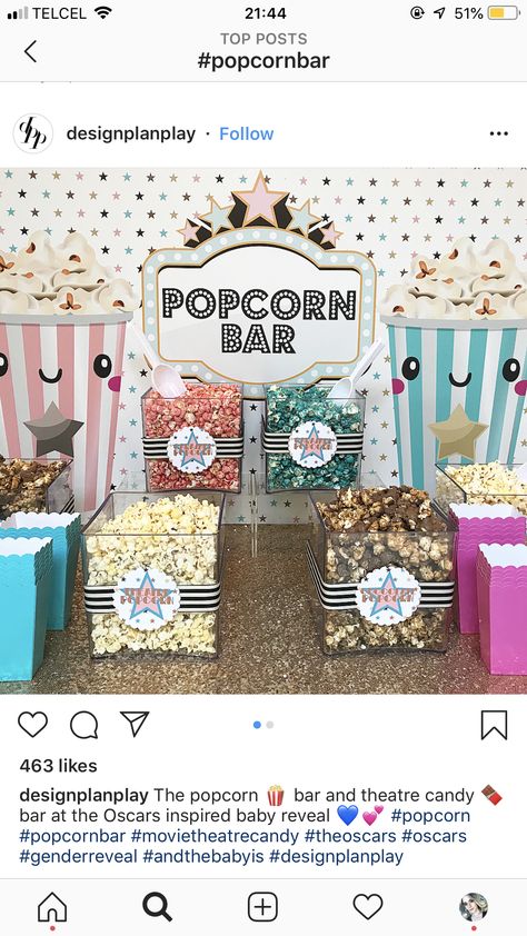 Movie Theater Gender Reveal, Popcorn Gender Reveal, Themed Gender Reveal, Movie Screening, Popcorn Bar, Movie Screen, Baby Reveal, Design Planning, Movie Theater