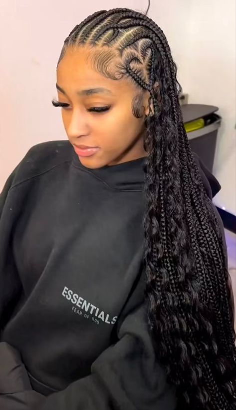 Braids Going Back With Box Braids, Holiday Hairstyles Braids, Fulani Boho Braids With Design, Fulani Braids With Heart And Curls, Goddess Braids With Heart On The Side, Braided Hairstyles Dominican, Hairstyles W Braiding Hair, Fulani With Heart, Pretty Hairstyles With Braids