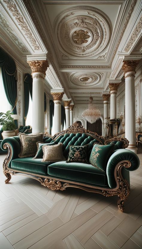 a living room filled with furniture and a chandelier, lavish rococo baroque setting, ornate furniture, neo - classical style, neoclassical style, elegant and ornate, ornate turkic palace background, luxury furniture, exquisitely ornate, rococo color scheme, ornate and elegant, exquisitely designed throne room, decadent throne room, neoclassicism style, rococo and baroque styles #NeoclassicalElegance #RococoRevival #BaroqueBeauty #TurkicOpulence #LuxuryLiving #DecadentDesign #OrnateInter Rococo, Velvet, Living Room, Gold, Furniture, Home Decor, Design, Home Décor