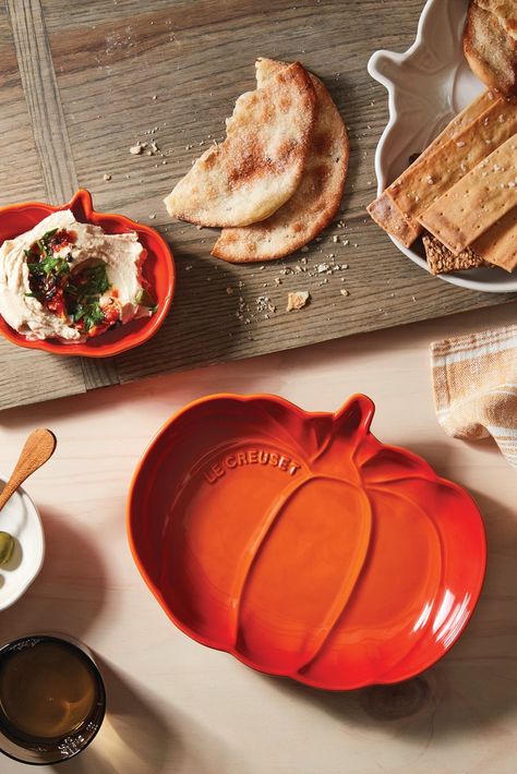 Perfectly sized for serving and snacks, our Pumpkin Dishes are a playful accent on your autumn table. 🎃 The Flame dishes sold out scary fast, but both sizes are still available in Meringue! Le Creuset Recipes, Le Creuset Kitchen, Thanksgiving Baking, Baking Dish Set, Pumpkin Dishes, Turkey Stuffing, Thanksgiving Stuffing, Dutch Ovens, Fall Entertaining