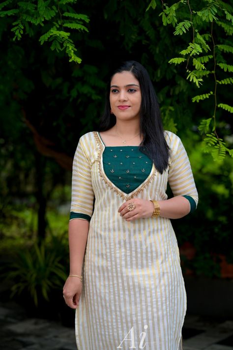 For booking WhatsApp 8078905887 ചുരിദാർ മോഡൽ, Kurtis Traditional, Onam Dress Ideas, Organza Kurti Designs Latest, Onam Collections, Kerala Dress, Chudi Neck Designs, Onam Outfits, Celebration Chocolate