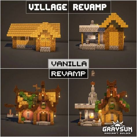 Minecraft Villager Ideas Houses, Minecraft Plains Village Ideas, Minecraft Village Farmer House, Village Houses Design, Revamped Minecraft Village, Minecraft Village Transformation Ideas, Better Village House Minecraft, Mc Village Ideas, Custom Villager House Minecraft