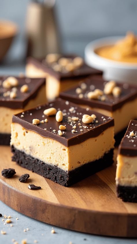 No-Bake Buckeye Cheesecake Bars Buckeye Bars Recipe Graham Crackers, No Bake Buckeye Cheesecake, No Bake Buckeye Bars, Kit Kat Cheesecake Recipes, No Bake Buckeye Cheesecake Bars, Buckeyes Recipe Easy, Peanut Butter Cheesecake No Bake, Buckeye Recipes, Buckeye Cheesecake Bars