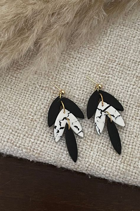 Black Leaf Clay Earrings, Drop Earrings, Large Leaf Earrings, Black Earrings Dangle, Gold Earrings Leaf Clay Earrings, Clay Earrings Black, Leaf Clay, Marbled Clay, Black And White Earrings, Marble Earrings, Handmade Clay Jewelry, Black Earrings Dangle, Polymer Earrings