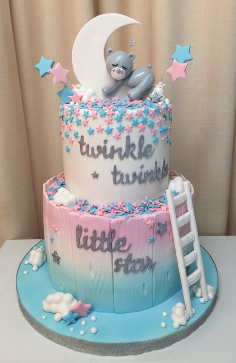 Baby Shower Cake Designs Pink And Blue, Pink And Silver Cake, Twin Baby Birthday, Gender Cake, Twin Baby Shower Cake, Baby Christening Cakes, Gold Baby Shower Cake, Baby Shower Gender Reveal Cake, Baby Shower Cake Designs