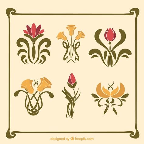 Vector pak van bloemen in art nouveau-st... | Premium Vector #Freepik #vector #vintage-ornament #art-deco #decor #vintage Fiori Art Deco, Art Nouveau Border, Nouveau Border, Fleurs Art Nouveau, Arte Art Deco, Art Deco Flowers, Nouveau Flowers, Art Nouveau Tattoo, Motifs Art Nouveau