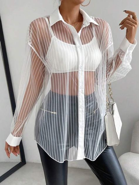 SHEIN Essnce Drop Shoulder Button Front Mesh Shirt Without Bra | SHEIN USA See Threw Shirt Outfit Women, See Threw Shirt Outfit, Without Bra, Mesh Shirt, Women Blouses, Bra Women, Tube Top, Shirt Outfit, Drop Shoulder