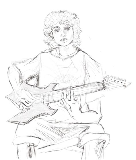 Sketch of Mike wheeler holding Eddie Munson’s electric guitar, wearing a hellfire shirt and rolled up pants Guy Playing Electric Guitar Drawing, Someone Holding A Guitar Drawing Reference, Person Playing Guitar Drawing, Person Playing Guitar Reference Drawing, Person Holding Guitar, Guy Playing Guitar Drawing, Person Playing Guitar Reference, Playing Guitar Drawing, Guitarist Art