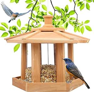 Liawm Wooden Bird Feeder for Outdoors Hanging, Red Cedar Hexagon Shaped Large Capacity, Cardinal Birdfeeder for Garden Decoration Yard, Weatherproof and Durable(Large) Wooden Bird Feeders, Hanging Bird Feeder, Squirrel Feeder, Outside Garden, Wild Bird Feeders, Plastic Food Containers, Hanging Bird Feeders, Outside Decorations, Wild Bird