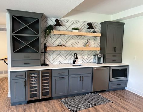 Small Wet Bar Basement Floating Shelves, Basement Dry Bar Ideas With Fridge And Microwave, Wet Bar With Tv Above, Gray Basement Bar, Wet Bar With Tv, Basement Wet Bar With Full Size Fridge, Basement Wet Bars, L Shaped Basement Bar Ideas, Dry Bar Ideas Basement