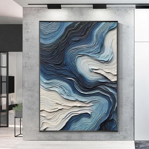 Ocean Line Art, Blue Oil Painting, Gray Painting, Silver Wall Art, Navy Blue Wall Art, Painting Dark, Grey Painting, Blue Abstract Painting, Wall Art Blue