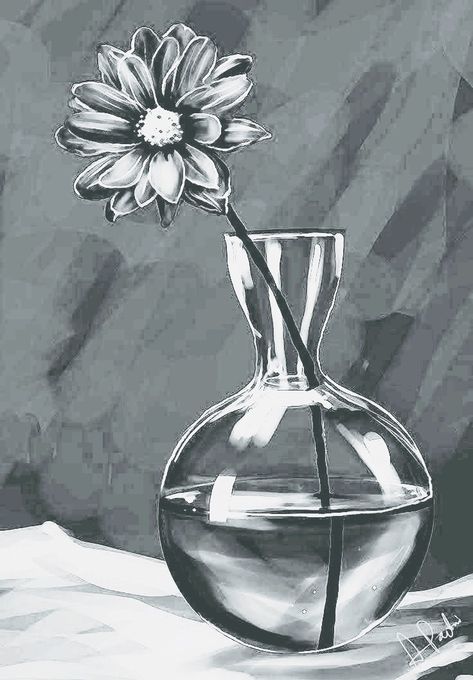 Vase Sketch, Still Life Pencil Shading, Flower Vase Drawing, Flowers In Vase Painting, Composition Drawing, Monochrome Painting, Shadow Drawing, Realistic Pencil Drawings, Pastel Artwork