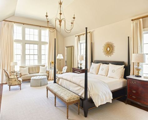 Antiques fill the master bedroom, reminiscent of an upscale hotel suite. The designer painted walls a tinted version of Benjamin Moore’s Revere Pewter. Master Suite Remodel, Revere Pewter, Sanctuary Bedroom, Hotel Suite, Painted Walls, Ideas Hogar, Bedroom Design Ideas, Casa Exterior, Four Poster