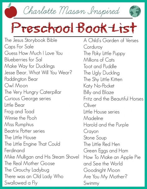 Charlotte Mason inspired preschool book list Homeschool Library, Charlotte Mason Preschool, Books For Kindergarten, Toddler Book, Teach Preschool, Charlotte Mason Homeschool, Jesus Book, Preschool Planning, Music And Art