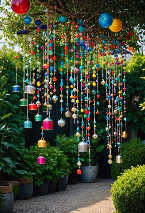 Spring Backyard Decor, Outdoor Tree Decorating Ideas, Outdoor Art Ideas, Diy Outdoor Sculpture, Magical Backyard Ideas, Garden Art Diy Whimsical, Art In Garden, Colorful Backyard Ideas, Magical Garden Ideas