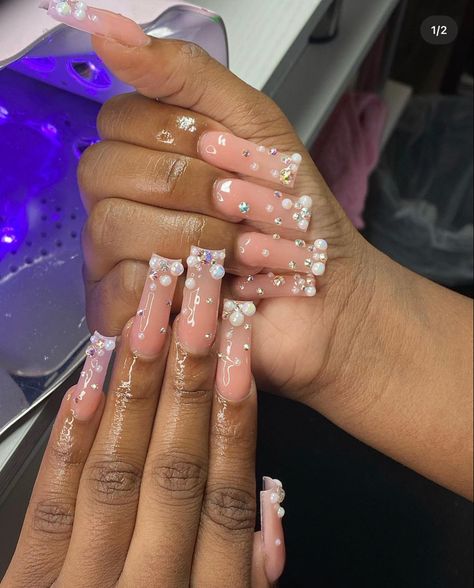 Pearl Acrylic Nails Coffin, Square Long Nails, Prom 2k24, Medium Nails, Nails Nude, Diy Acrylic Nails, Colored Acrylic Nails, Girly Acrylic Nails, French Acrylic Nails