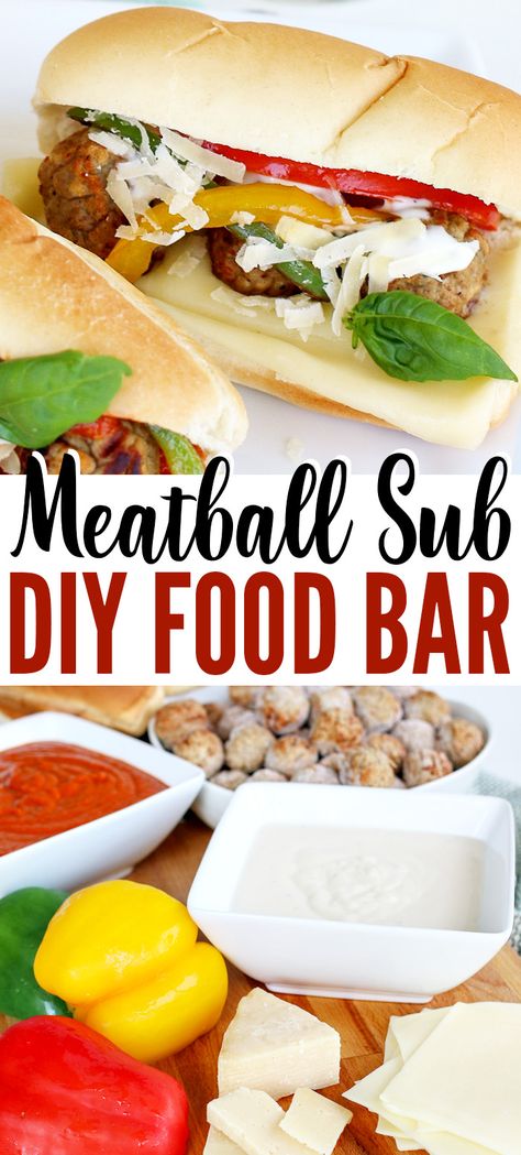 This DIY Meatball Sub Bar is a fun idea! A simple food bar idea for parties or an easy dinner idea for busy families. Set out hoagie rolls, meatballs, cheese, and other toppings and let everyone create their own meatball sandwich masterpiece! #meatballsub #partyfood #meatballs Meatball Buffet Ideas, Meatball Subs For A Crowd, Meatball Party Ideas, What To Serve With Meatball Subs, Meatball Bar Party, Side Dishes For Meatball Subs, Lunch Bar Ideas, Sub Sandwich Bar, Meatball Bar