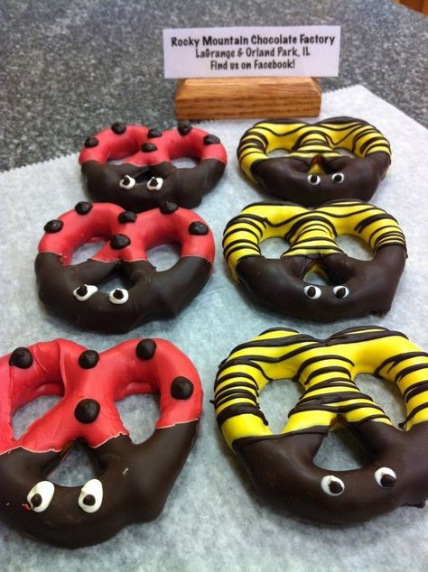 Spring Lady Bug and Bee Pretzel Treats Bee Pretzels, Bug Dessert, Treats To Share, Bug Snacks, Pretzel Treats, Bug Party, Spring Baking, Apps Facebook, Chocolate Covered Treats