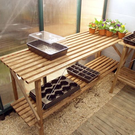 Trestle Staging Ideal for polytunnels and greenhouses Greenhouse Staging Diy, Greenhouse Staging Ideas, Stylish Greenhouse, Diy Greenhouse Shelves, Greenhouse Shelving, Greenhouse Tables, Serre Diy, Greenhouse Staging, Greenhouse Shelves