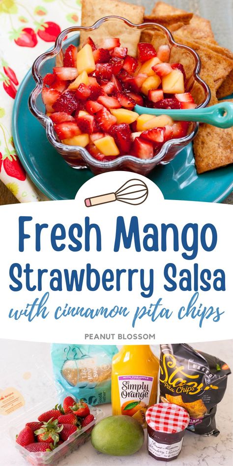 Serve this fresh mango strawberry salsa with a side of cinnamon pita chips for a delicious snack or treat. It's a fun dish to bring to a potluck party or serve as part of a snack board at your next gathering with friends. Strawberry Mango Salsa, Strawberry Salsa, Mango Salsa Recipes, Festive Appetizers, Party Food Dessert, Cold Appetizers, Easy Party Food, Easy Meals For Kids, Summer Appetizer