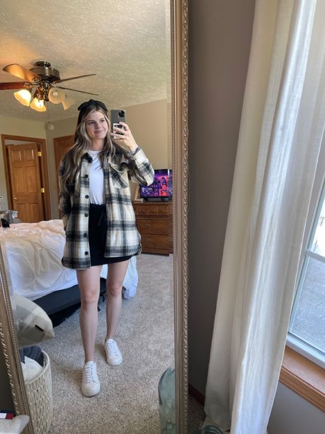 Shacket And Skirt Outfit, Shacket With Skirt, Skirt With White Sneakers, Shacket Women, Cute Fall Fashion, Shacket Outfit, Shop The Outfit, Plaid Shacket, Ootd Fall