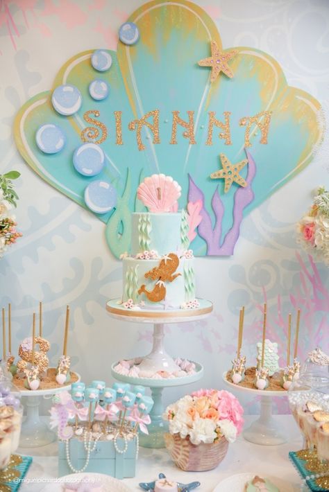 Cakescape from a Pastel Mermaid Birthday Party via Kara's Party Ideas | KarasPartyIdeas.com (43) 4de Verjaardag, Little Mermaid Birthday Party, Ariel Birthday Party, Mermaid Birthday Party Decorations, Mermaid Theme Birthday Party, Ariel Birthday, Mermaid Theme Party, Sea Birthday Party, Mermaid Baby Showers