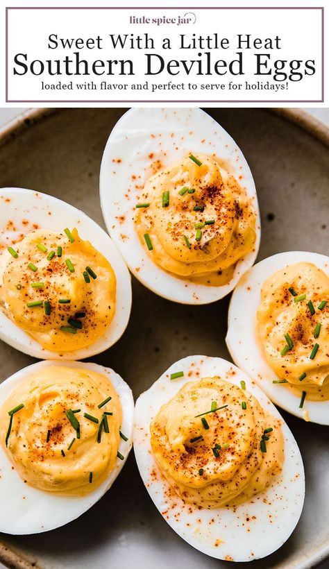 Sweet Heat Southern Deviled Eggs – These eggs have the tiniest kick and are down light delectable! You've gotta give these a try! #deviledeggs #southerndeviledeggs #eggrecipe #easter | Littlespicejar.com Southern Deviled Eggs Recipe, Sweet Pickle Relish, Southern Deviled Eggs, Pickled Jalapenos, Devilled Eggs Recipe Best, Best Deviled Eggs, Deviled Eggs Classic, Gluten Free Chili, Holiday Appetizer