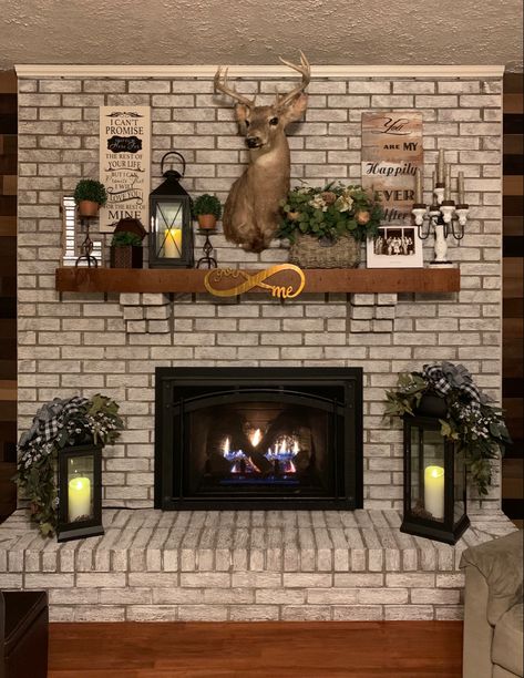 Deer Head Above Fireplace, Decorating With Deer Mounts, Neutral Fireplace, Mantle Decorating Ideas Everyday, Future House Bedroom, Whitewashed Fireplace, Antler Centerpiece, Deer Mount Ideas, Rustic Mantle