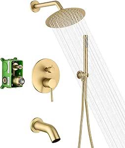 SUMERAIN Shower System with Tub Spout and Handheld Shower, Brass Rain Shower Tub Set with 8 Inches Shower Head and Rough in Valve Brushed Gold Gold Shower Fixtures, Rain Shower System, Gold Shower, Shower Fixtures, Brass Shower, Shower Faucet Sets, Tub Spout, Tub And Shower Faucets, Shower Hose