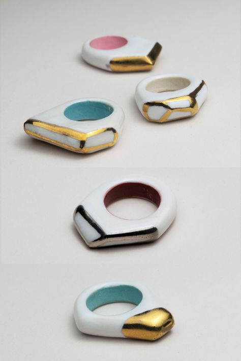 Porcelain Rings Ceramic Jewelry, Rings Silver And Gold, Porcelain Rings, Porcelain Jewellery, Geometric Rings, Silver Metal Clay, Wood Jewelery, Polymer Clay Ring, Diy Ring