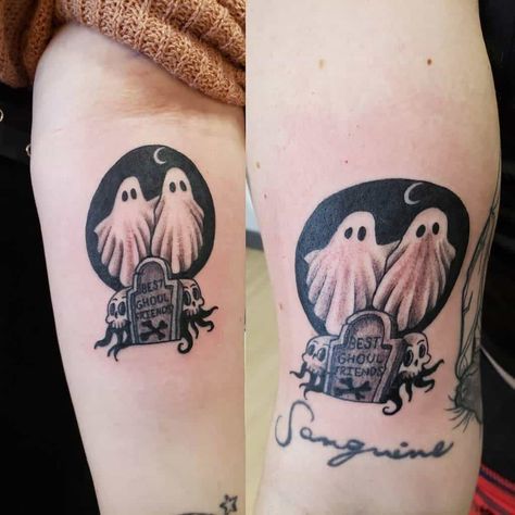 Cute Spooky Best Friend Tattoos, Ghoul Friends Tattoo, Best Ghoul Friends Tattoo, Gothic Friendship Tattoos, Traditional Best Friend Tattoo, Matching Bestie Tattoos Spooky, Best Friend Skull Tattoos, Best Friend Ghost Tattoo, Best Friend Halloween Tattoos