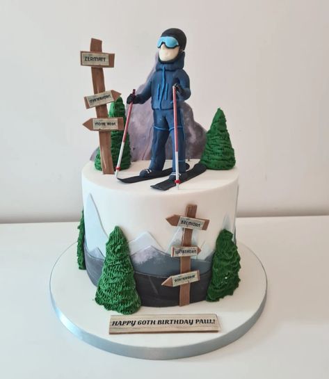 Skiing Cakes Birthdays, Skiing Birthday Cake, Ski Birthday Cake, Mountain Birthday, Ski Cake Ideas, Ski Cake, Mountain Cake, Simple Cake Designs, Sport Cakes