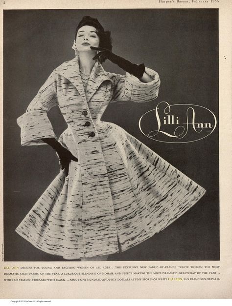 Advertisement: (Lilli Ann) Page 1 Lilli Ann Coat, Dorian Leigh, Fifties Style, 1950s Fashion Dresses, Lilli Ann, 1950’s Fashion, 50's Fashion, Dresses 1950s, 1950s Dresses