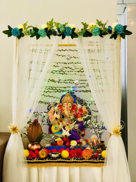 #ganpatifestival Ganesh Sthapna Decoration, Ganpati Decoration At Office, Ganesh Ji Decoration At Home, Ganpati Decoration Theme At Home, Ganpati Decoration Theme Ideas, Chaturthi Decoration Ideas, Ganesh Chaturthi Decoration Ideas, Ganesh Decoration Ideas, Bappa Decoration