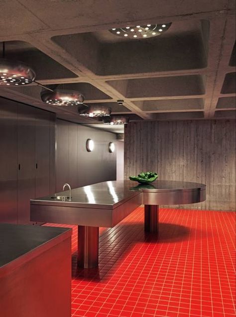 Metal Wall Panel, Brutalist Buildings, Red Floor, Retail Lighting, Stainless Steel Table, Financial Times, Kitchen Diner, Color Tile, Cafe Interior