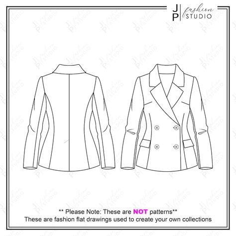 jpfashionstudio - Etsy Canada Blazer Drawing Reference, Blazer Technical Drawing, Blazer Flat Sketch, Jacket Technical Drawing, Jacket Flat Sketch, Flat Pattern For Women, Jacket Sketch, Formal Jackets For Women, Back Illustration