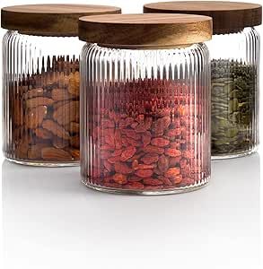 Mason & Fable Ribbed Glass Jar with Wooden Lid Set of 3-17 fl oz | Airtight Fluted Glass Storage Container for Food, Pasta, Coffee, Candy, Dog Treats, Snacks | Glass Canisters for Home & Kitchen Kitchen Glass Jars Storage, Tea Jars Storage, Peru House, Pantry Jars, Pantry Storage Containers, Food Canisters, Pantry Kitchen, Food Jars, Glass Storage Containers