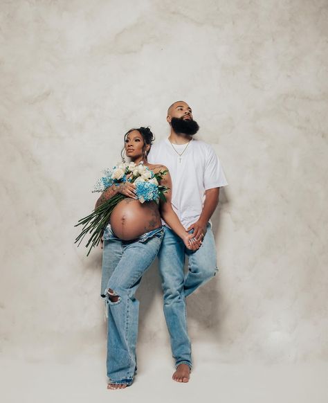 Him And Her Maternity Photos, Fluffy Maternity Dresses For Photoshoot, Boho Maternity Photos Black Women, Maternity Pictures Jeans White Shirt, Denim Family Maternity Shoot, Cute Maternity Outfits For Photoshoot, All White Maternity Shoot Black Couple, Maternity Theme Photoshoot, Maternity Photos Black Couples