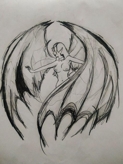 Scary Wings Drawing, Demon Wing Drawing, Demonic Art Sketch, Siren Face Drawing, Mystic Creatures Drawings, Manananggal Art, Manananggal Drawing, Demon Wings Sketch, Mythical Creatures Sketches