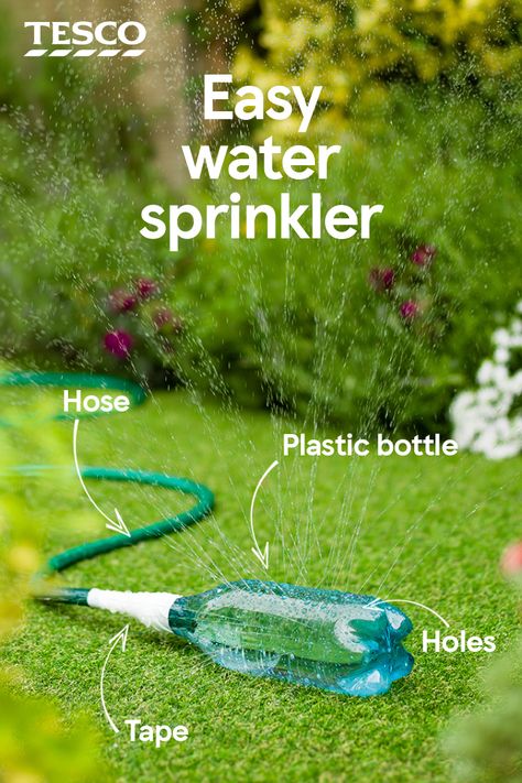 Recycle plastic bottles and entertain the kids with this easy summer hack to make your own DIY water sprinkler. | Tesco Diy Garden Sprinkler, Diy Watering Can Homemade, Diy Water Sprinkler, Sprinkler Diy, Homemade Sprinkler, Recycle Bottles, Recycled Ideas, Water Wise Plants, Reuse Plastic Bottles