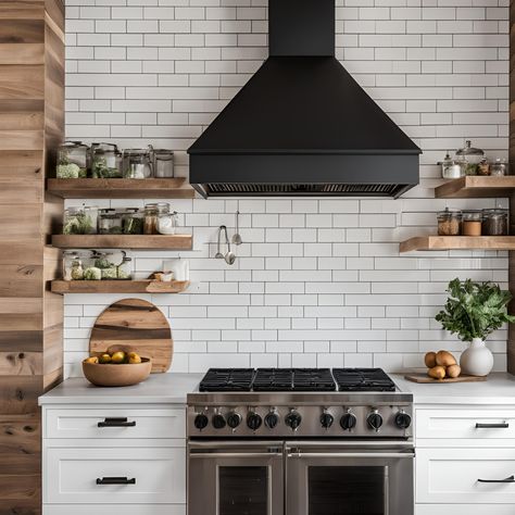 This kitchen marries modern and rustic elements, highlighted by open shelves that display an array of herbs and spices. The matte black range hood adds a sleek, bold touch, while clean subway tiles offer a classic backdrop. The design captures a blend of contemporary elegance and cozy farmhouse charm, creating a stylish and functional space Black Range Hood White And Wood Kitchen, Range With Open Shelving, Oven Hood And Open Shelves, Kitchen With Black Range Hood, Farmhouse Range Hood, Hoods Over Stoves, Kitchen With Shelves, Mid Modern House, Black Range Hood