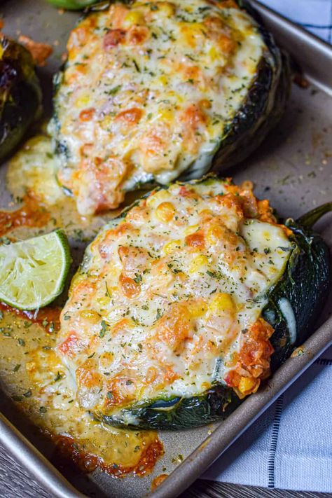 Chicken Stuffed Poblano Peppers - The Jam Jar Kitchen Feeding 15 People, Green Pepper Tacos, Easy Dinner For A Crowd Main Dishes, Chicken Stuffed Poblano Peppers, Chicken Stuffed Poblano, Southwestern Food, Stuffed Veggies, Poblano Peppers Recipes, Csa Farm