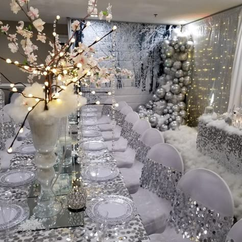 Silver And White Winter Wedding, White And Silver Winter Wonderland Party, Winter Wedding Table Decorations Silver White Christmas, Winter Wonderland 40th Birthday Party, Silver And White Quinceanera Decorations, Winter Party Tablescape, All White Winter Wonderland Party, White Christmas Party Theme Decorating Ideas, Winter White Birthday Party Ideas