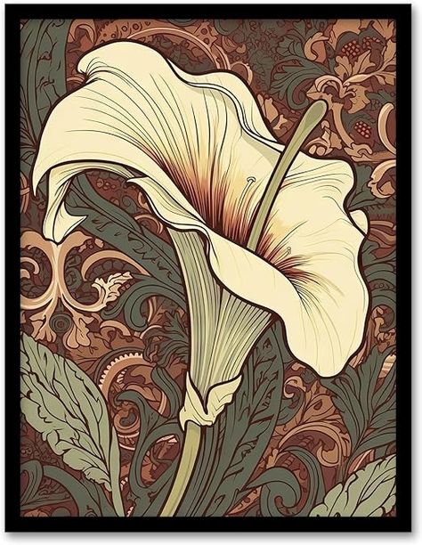 Amazon.com: Single White Cala Lily Flower Art Nouveau Painting Pastel Colour Teal Green Red William Morris Style Patterns Colourful Bright Floral Modern Artwork Artwork Framed Wall Art Print A4 : Everything Else Art Nouveau Design Pattern Flowers, Art Nouveau Nature Illustration, Art Nouveau Motif Floral, Organic Embroidery, Art Nouveau Flowers Illustration, Art Nouveau Design Pattern, Art Nouveau Flowers Illustration Floral Patterns, Flower Art Nouveau, Art Nouveau Tulip